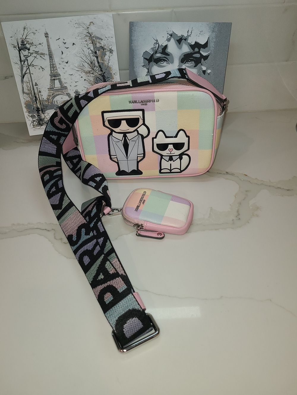 Karl Lagerfeld Pastel Maybelle Colorblock Camera Bag w Choupette & Karl + Pouch